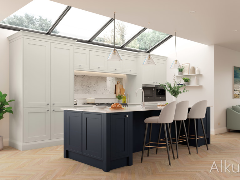 Etne kitchen in slate blue and light grey